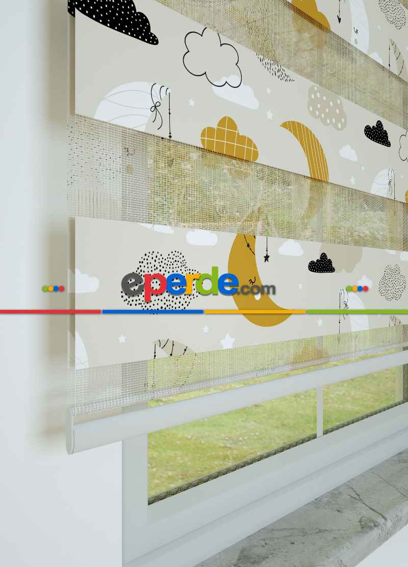 Bebek Odası - Hardal Bej Ay Ve Bulut Desenli Baskılı Zebra Perde