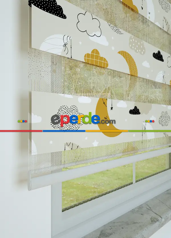 Bebek Odası - Hardal Bej Ay Ve Bulut Desenli Baskılı Zebra Perde