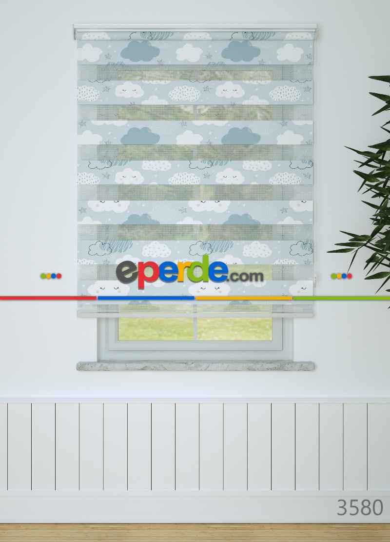 Çocuk Odası - Mavi Bulut Ve Yıldız Desenli Baskılı Zebra Perde