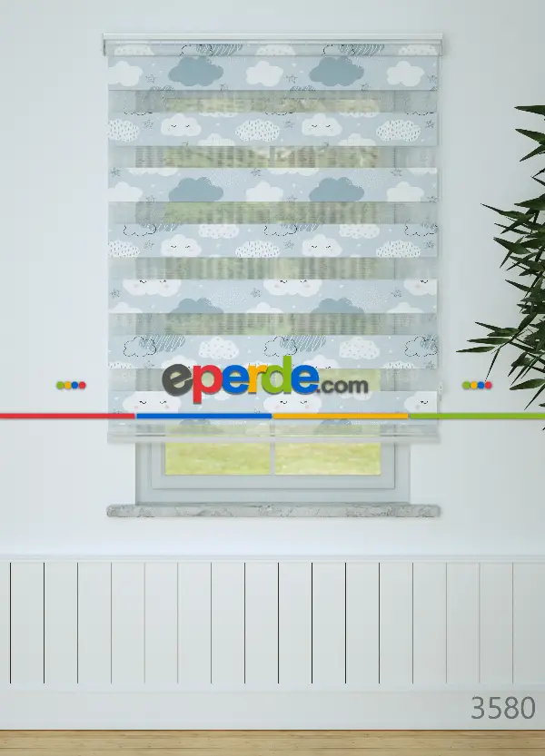 Bebek Odası - Mavi Bulut Ve Yıldız Desenli Baskılı Zebra Perde