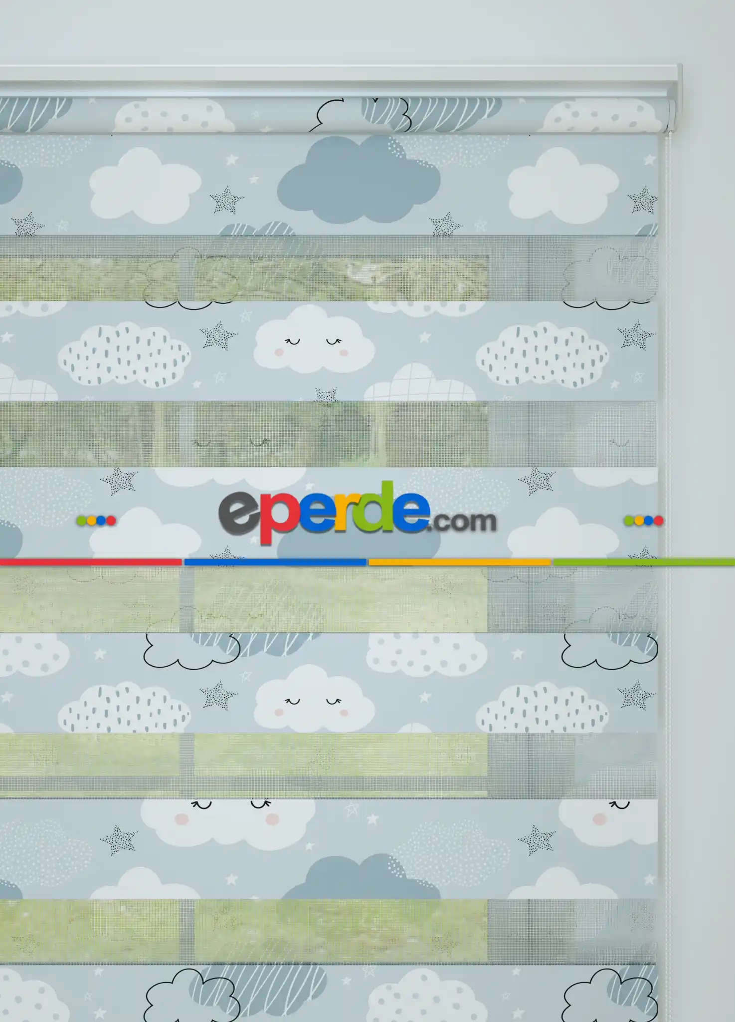 Bebek Odası - Mavi Bulut Ve Yıldız Desenli Baskılı Zebra Perde