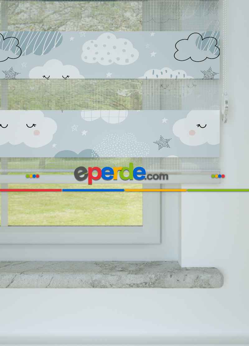 Çocuk Odası - Mavi Bulut Ve Yıldız Desenli Baskılı Zebra Perde