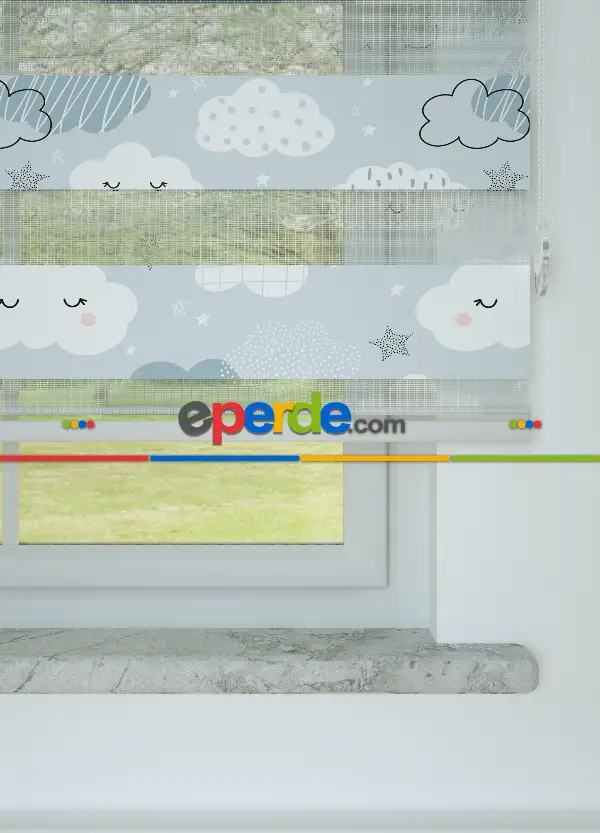 Bebek Odası - Mavi Bulut Ve Yıldız Desenli Baskılı Zebra Perde