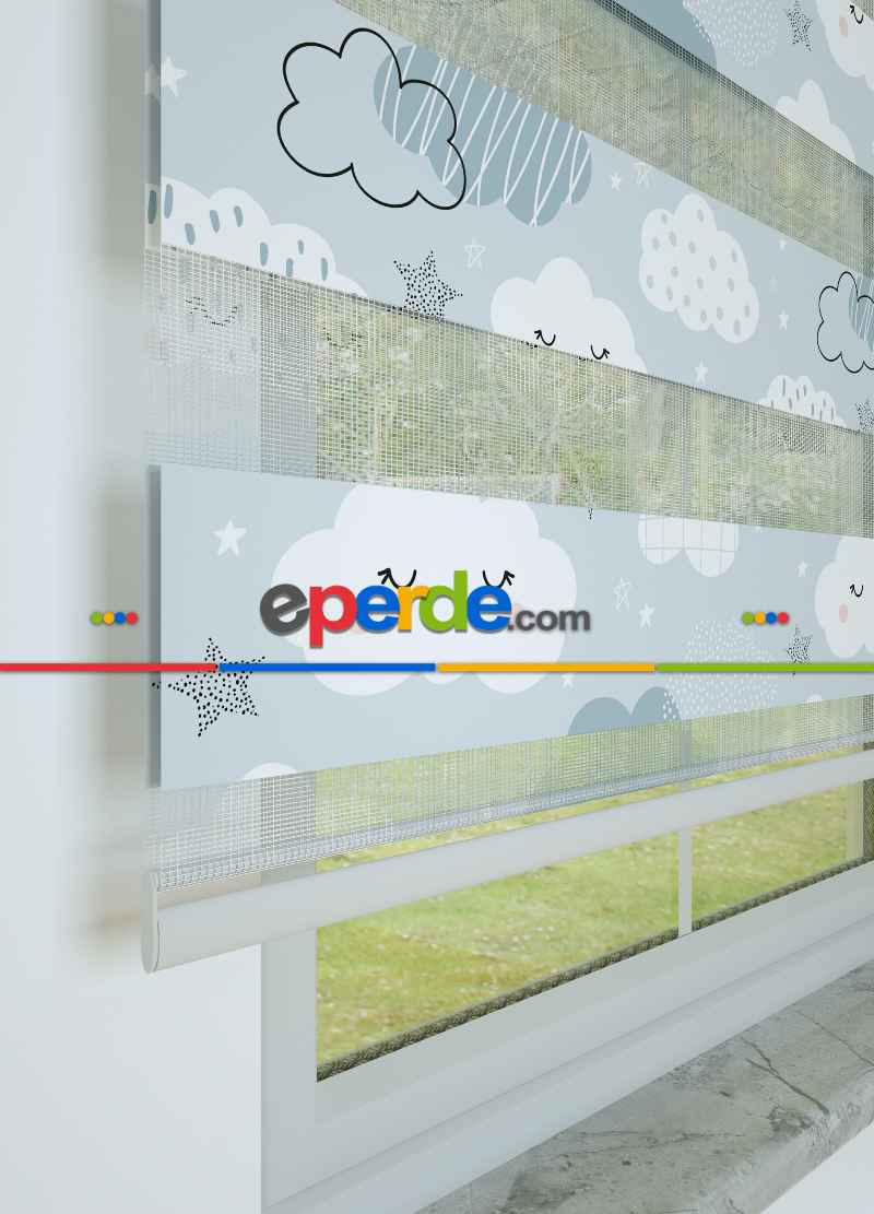 Çocuk Odası - Mavi Bulut Ve Yıldız Desenli Baskılı Zebra Perde