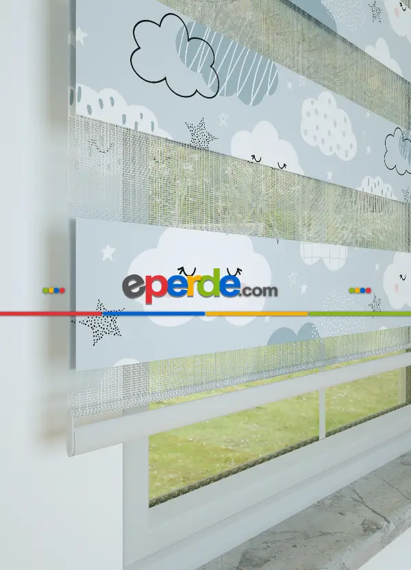 Bebek Odası - Mavi Bulut Ve Yıldız Desenli Baskılı Zebra Perde