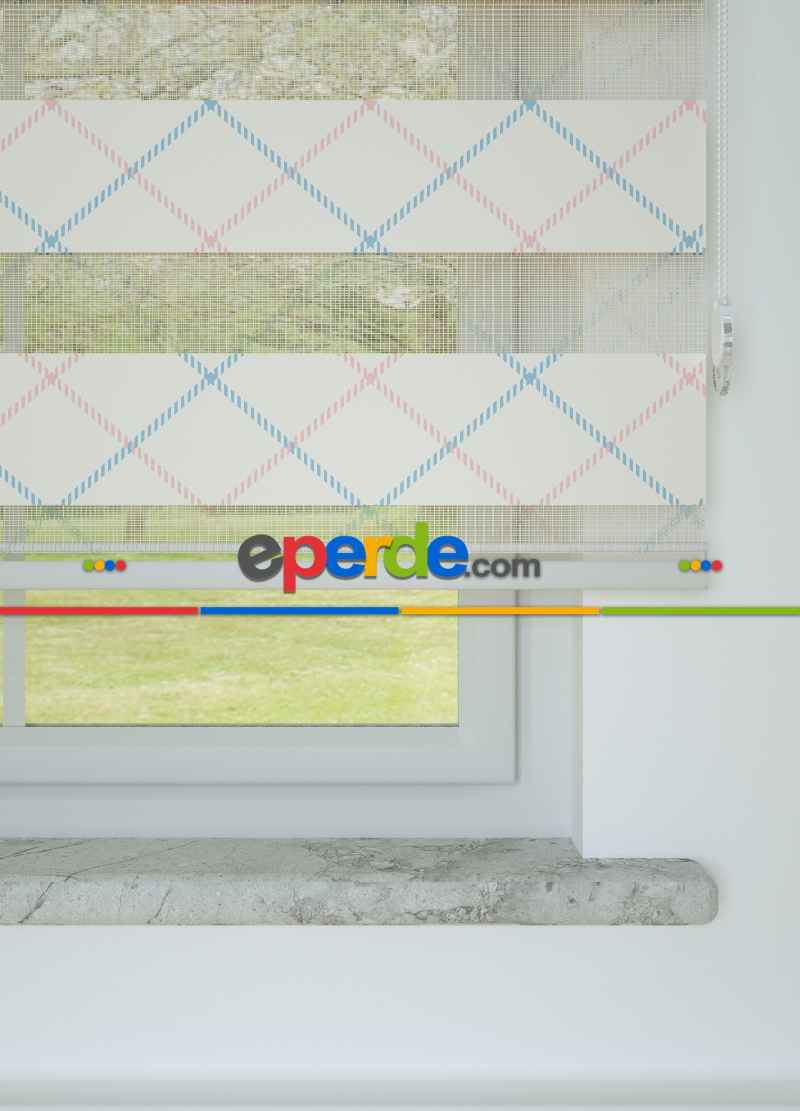 Bebek Odası - Mavi Pembe Baklava Desenli Baskılı Zebra Perde