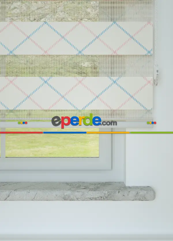 Mavi Pembe Baklava Desenli Baskılı Zebra Perde