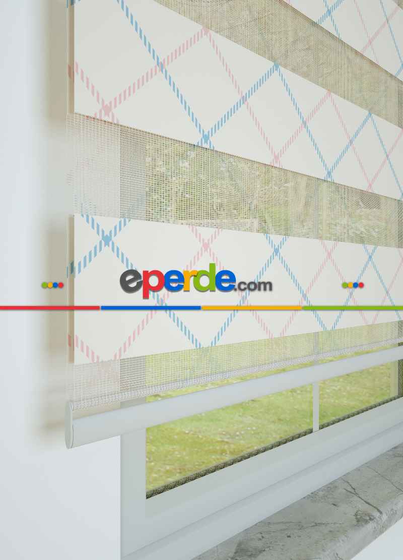 Bebek Odası - Mavi Pembe Baklava Desenli Baskılı Zebra Perde