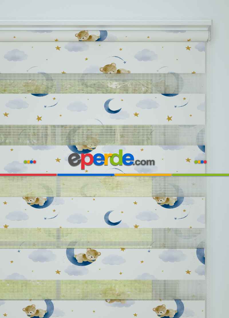 Bebek Odası - Mavi Uyuyan Ayıcık Desenli Baskılı Zebra Perde