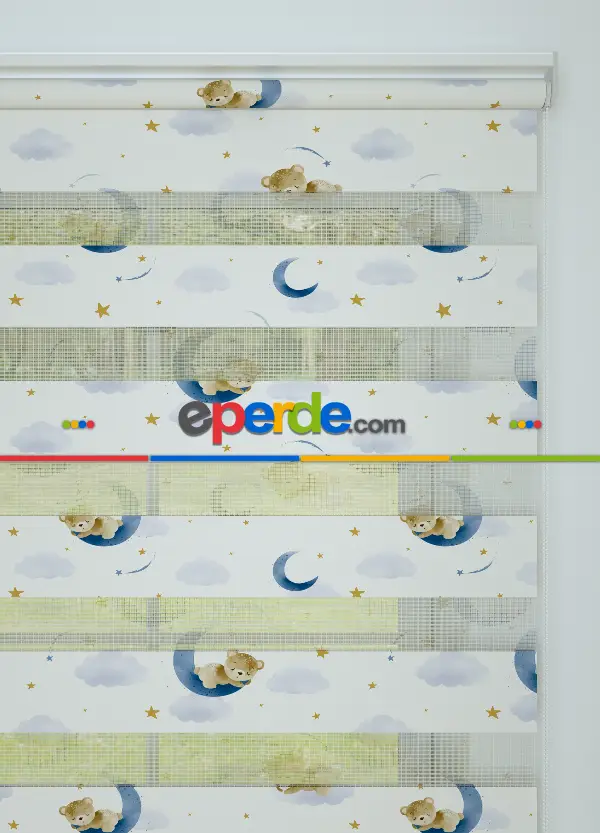 Bebek Odası - Mavi Uyuyan Ayıcık Desenli Baskılı Zebra Perde