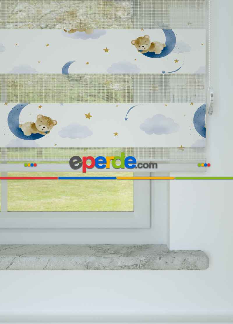 Bebek Odası - Mavi Uyuyan Ayıcık Desenli Baskılı Zebra Perde