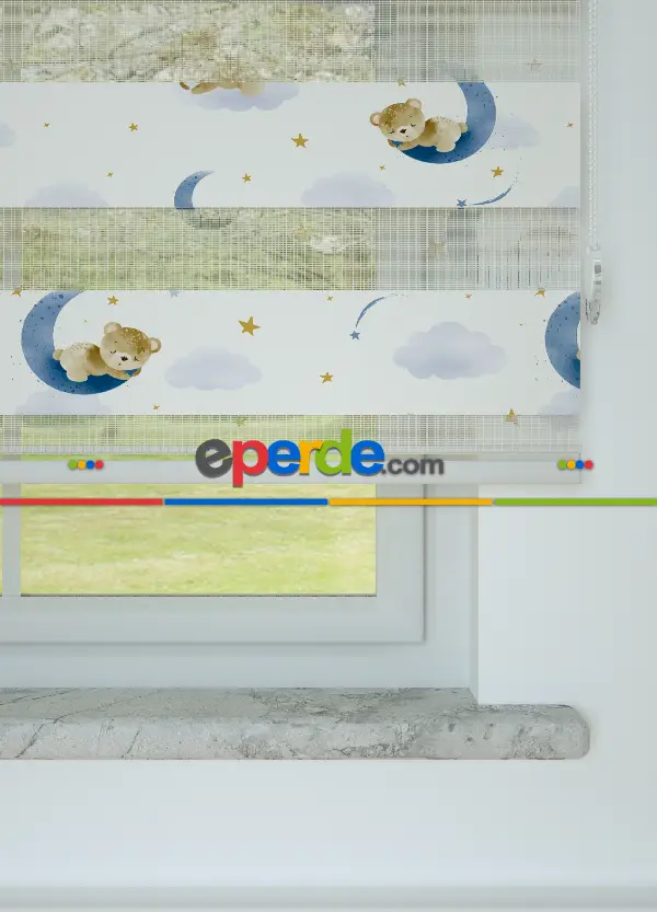 Bebek Odası - Mavi Uyuyan Ayıcık Desenli Baskılı Zebra Perde