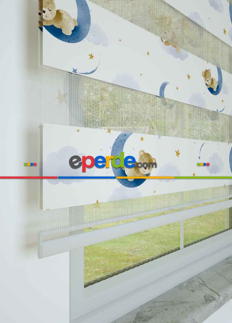 Bebek Odası - Mavi Uyuyan Ayıcık Desenli Baskılı Zebra Perde