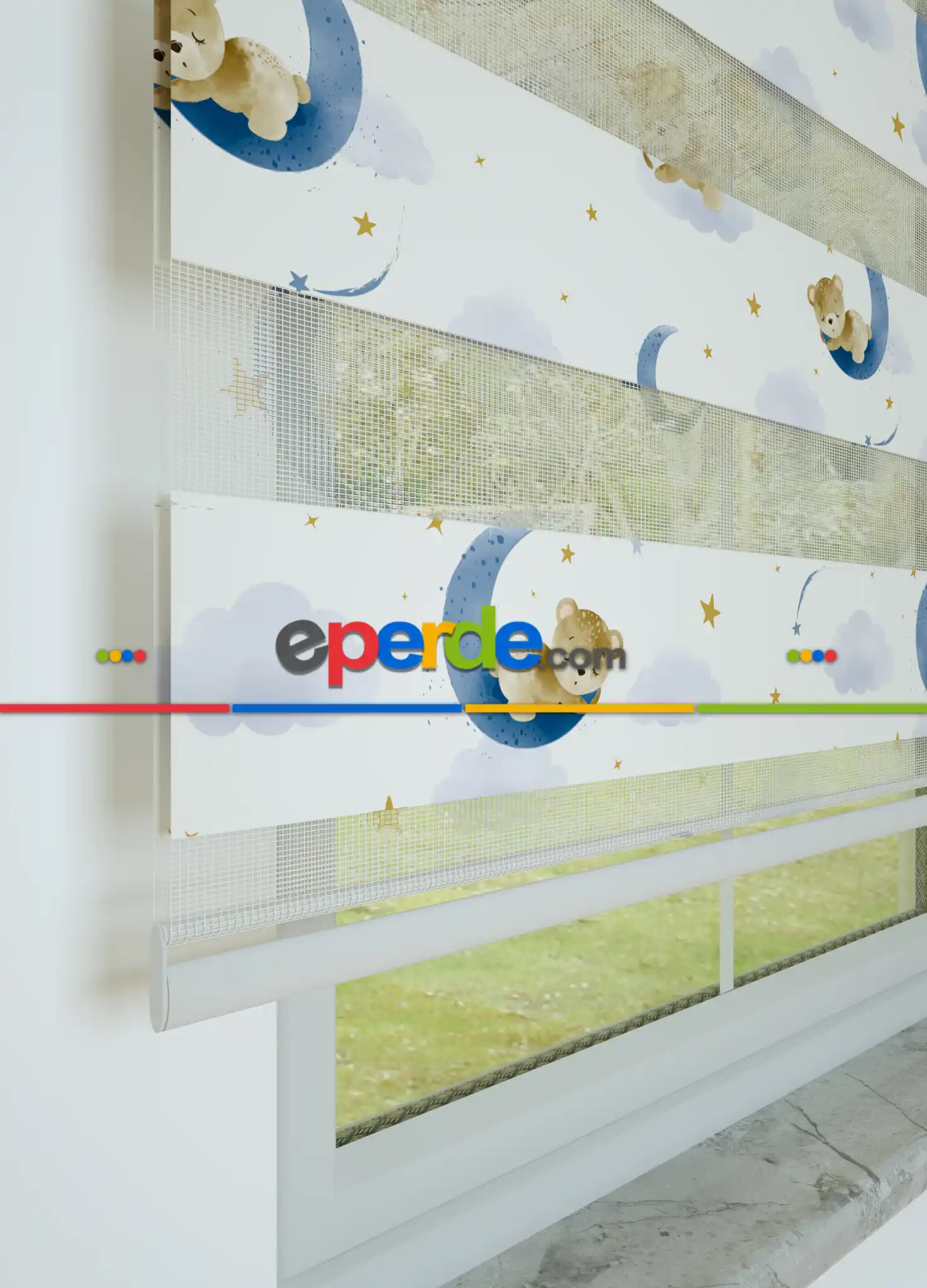 Bebek Odası - Mavi Uyuyan Ayıcık Desenli Baskılı Zebra Perde