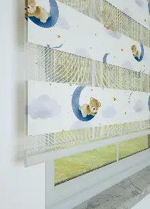 Bebek Odası - Mavi Uyuyan Ayıcık Desenli Baskılı Zebra Perde