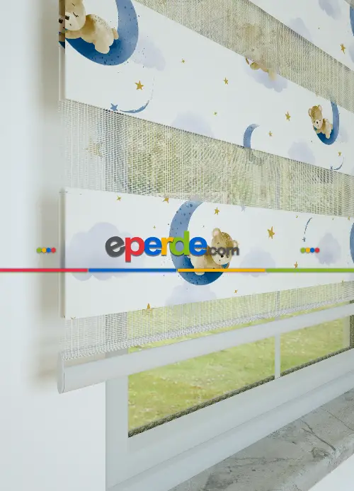 Mavi Uyuyan Ayıcık Desenli Baskılı Zebra Perde