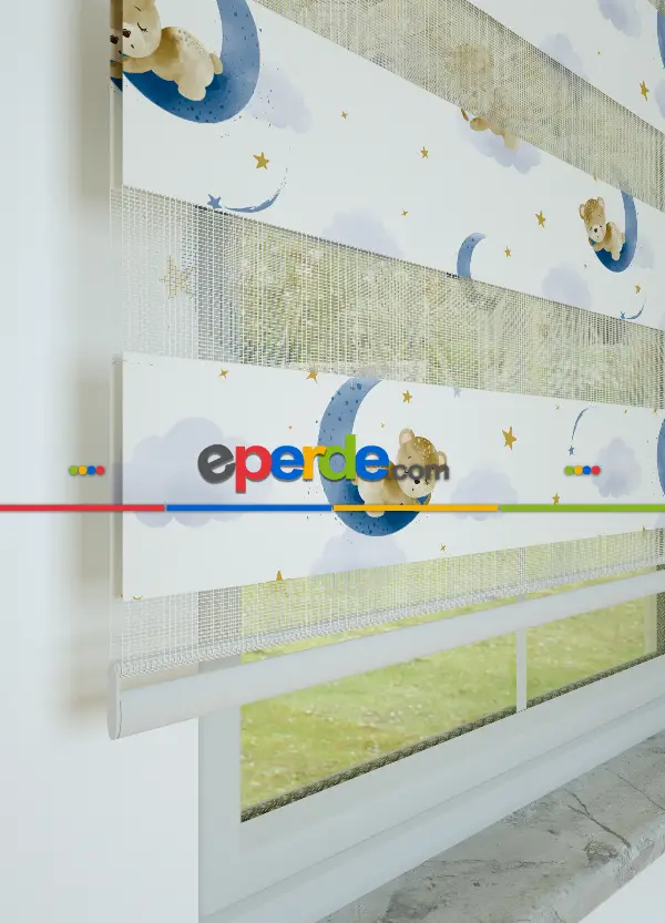 Bebek Odası - Mavi Uyuyan Ayıcık Desenli Baskılı Zebra Perde