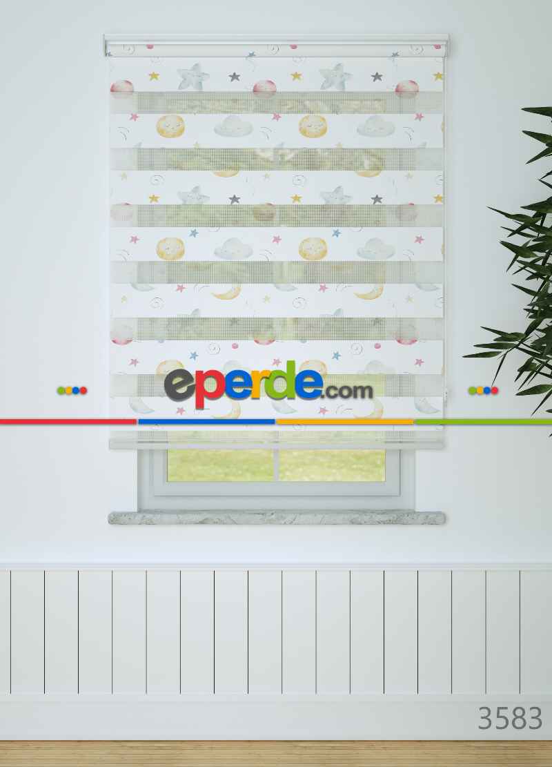 Mavi Sarı Gezegen Ve Yıldız Desenli Baskılı Zebra Perde