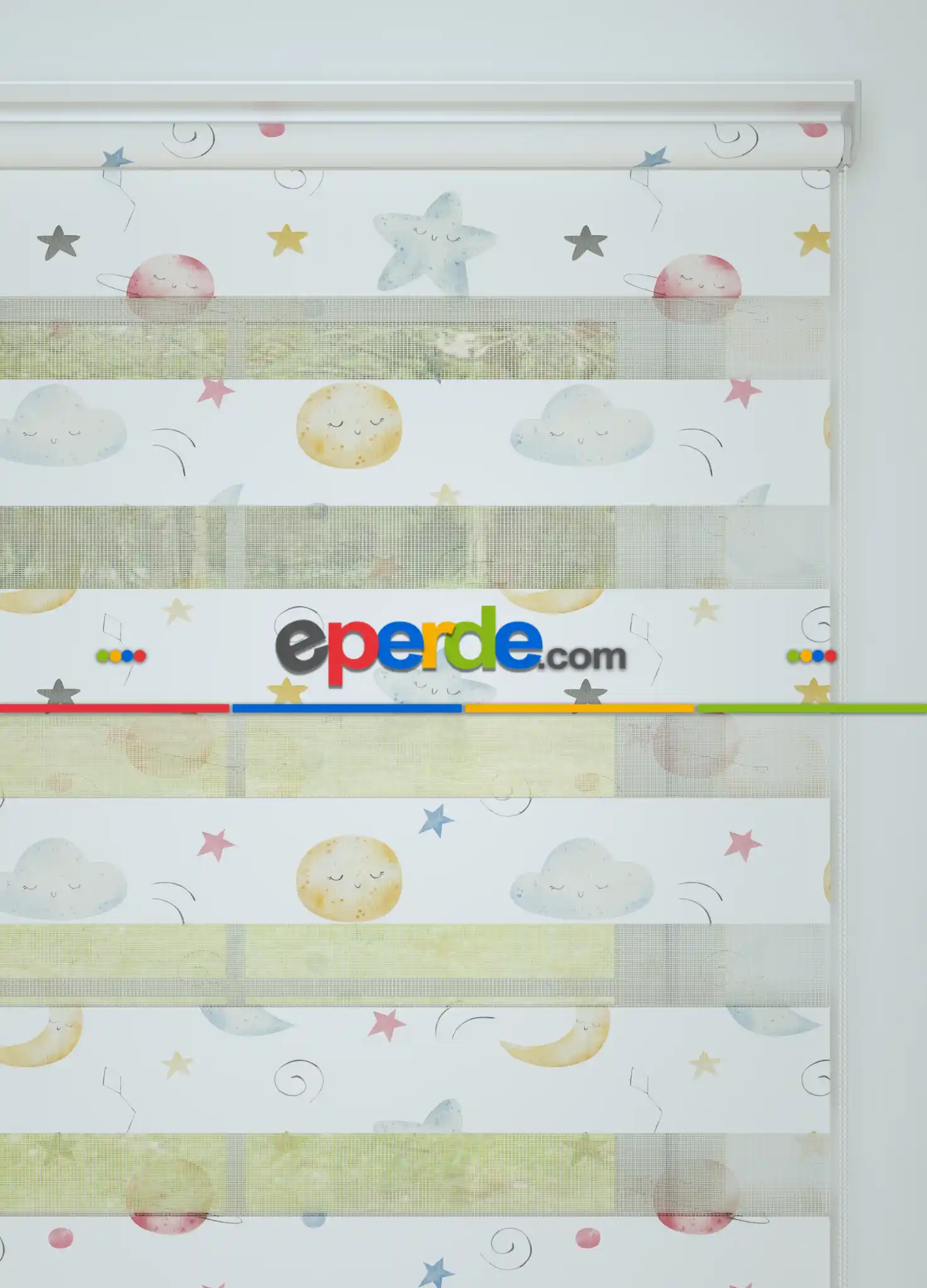 Mavi Sarı Gezegen Ve Yıldız Desenli Baskılı Zebra Perde