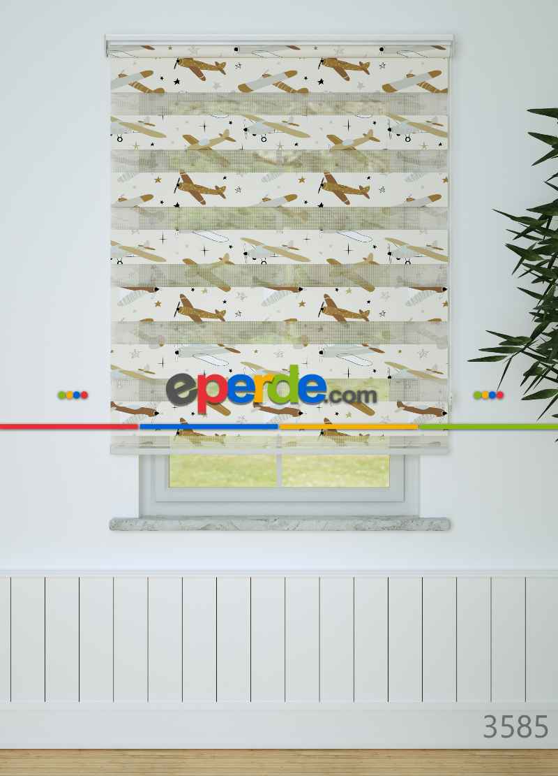 Bebek Odası - Kahverengi Uçak Desenli Baskılı Zebra Perde