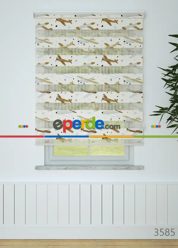Bebek Odası - Kahverengi Uçak Desenli Baskılı Zebra Perde