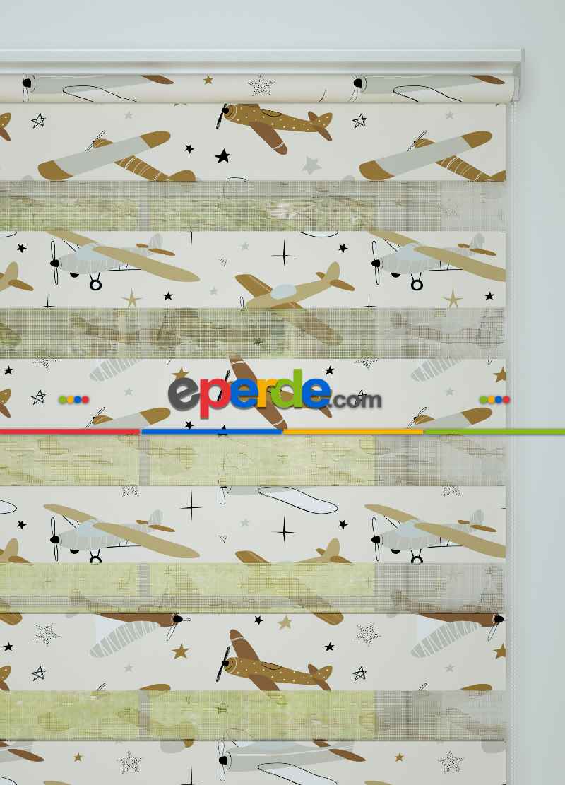 Bebek Odası - Kahverengi Uçak Desenli Baskılı Zebra Perde