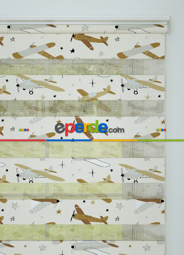 Bebek Odası - Kahverengi Uçak Desenli Baskılı Zebra Perde