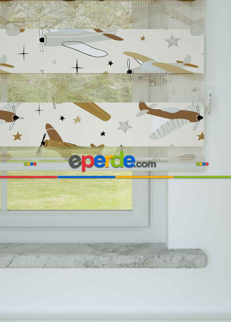 Bebek Odası - Kahverengi Uçak Desenli Baskılı Zebra Perde
