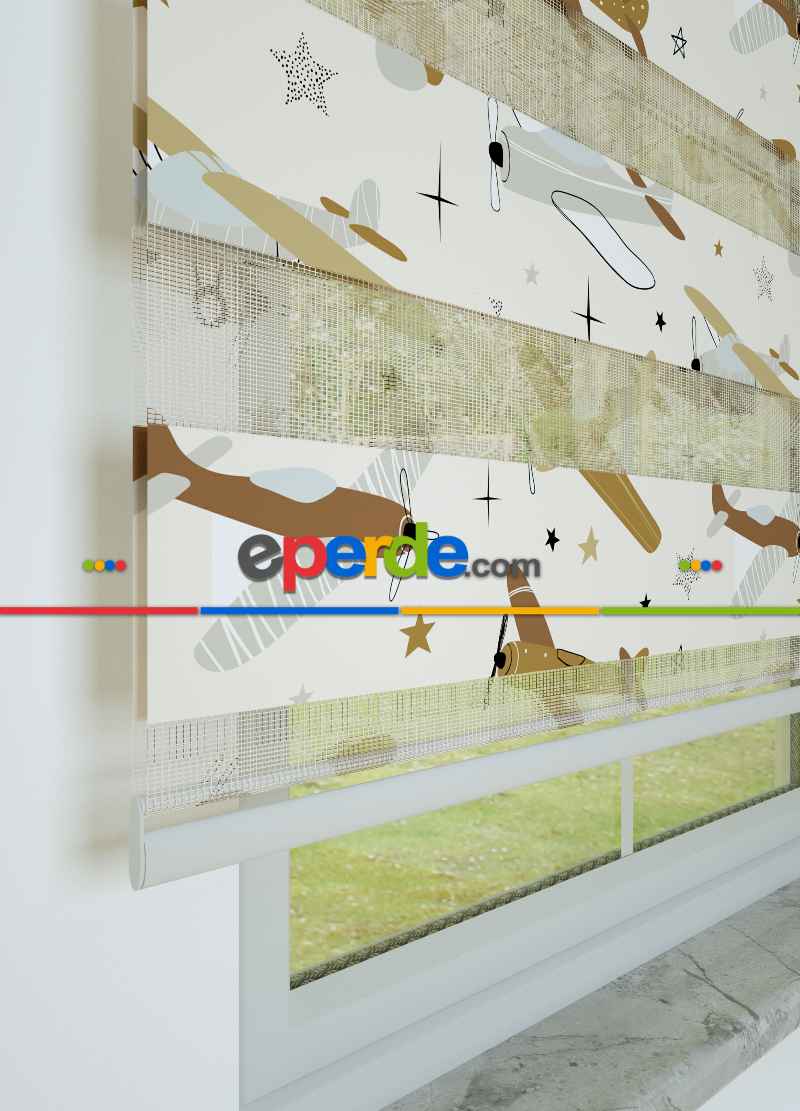 Bebek Odası - Kahverengi Uçak Desenli Baskılı Zebra Perde