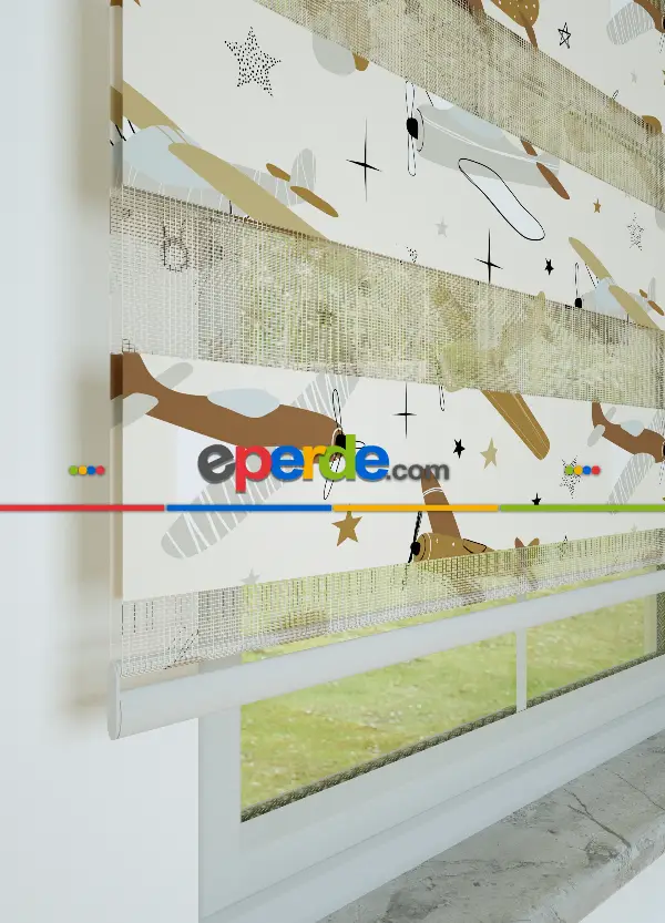Bebek Odası - Kahverengi Uçak Desenli Baskılı Zebra Perde