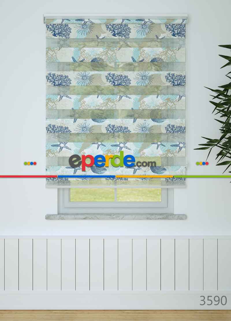 Çocuk Odası - Lacivert Mavi Deniz Yıldızı Desenli Baskılı Zebra Perde