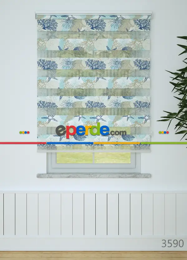 Çocuk Odası - Lacivert Mavi Deniz Yıldızı Desenli Baskılı Zebra Perde