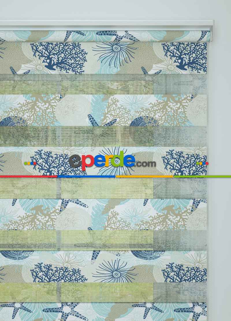 Çocuk Odası - Lacivert Mavi Deniz Yıldızı Desenli Baskılı Zebra Perde