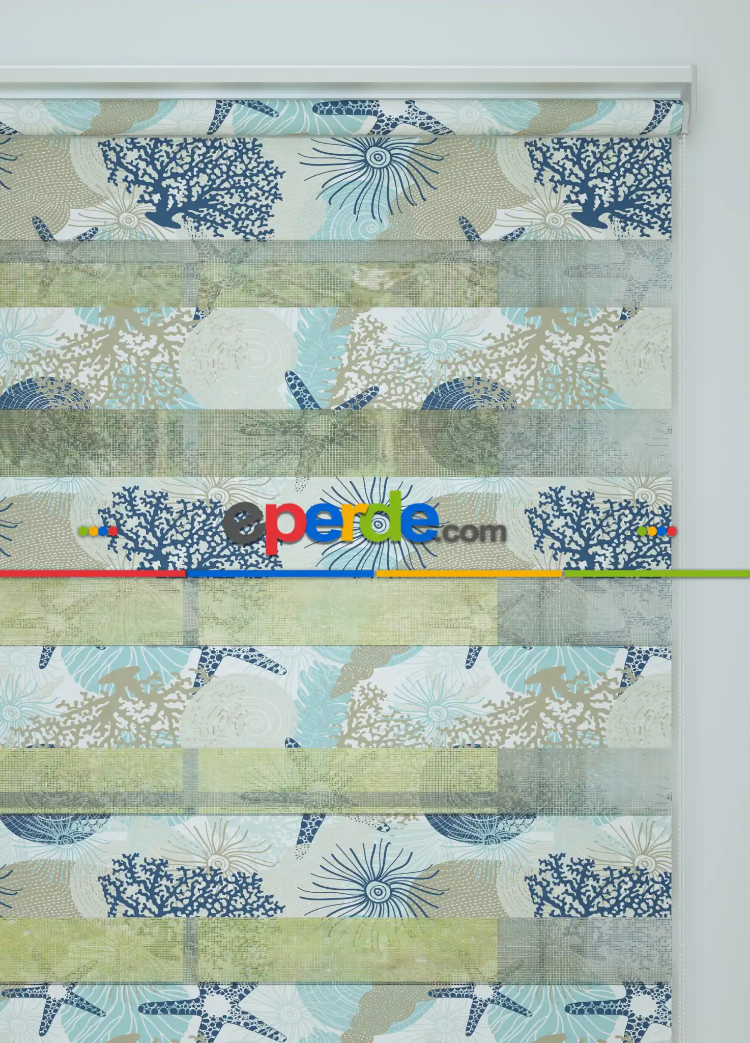 Lacivert Mavi Deniz Yıldızı Desenli Baskılı Zebra Perde