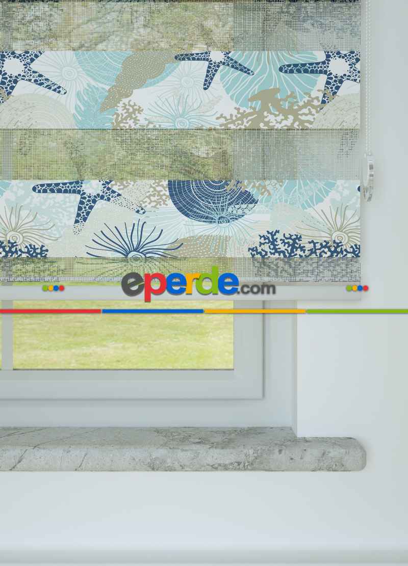 Çocuk Odası - Lacivert Mavi Deniz Yıldızı Desenli Baskılı Zebra Perde