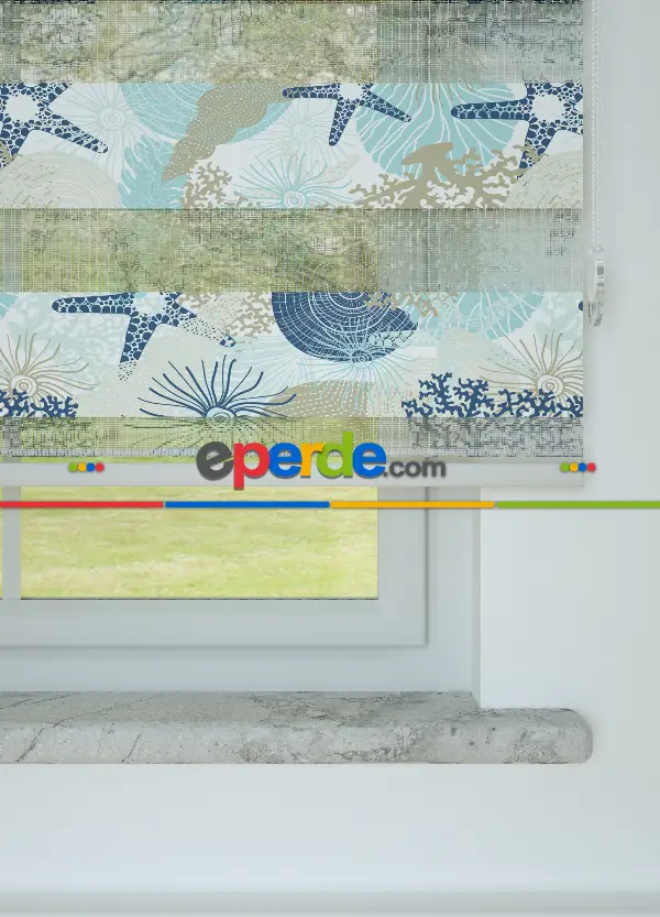 Çocuk Odası - Lacivert Mavi Deniz Yıldızı Desenli Baskılı Zebra Perde