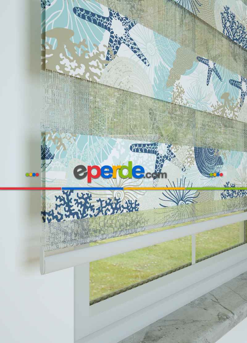 Çocuk Odası - Lacivert Mavi Deniz Yıldızı Desenli Baskılı Zebra Perde