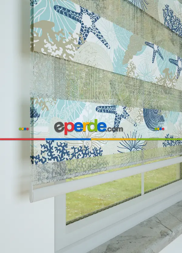 Çocuk Odası - Lacivert Mavi Deniz Yıldızı Desenli Baskılı Zebra Perde