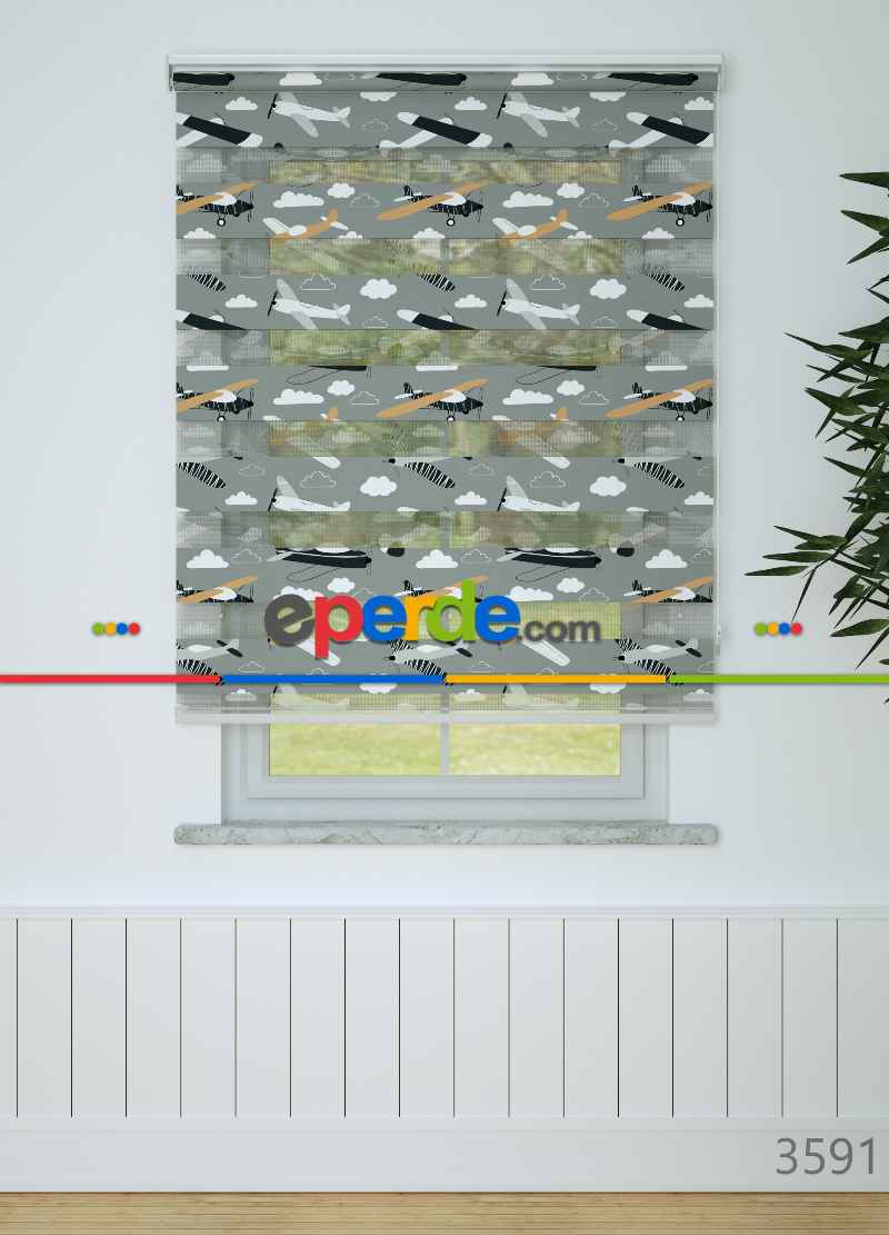 Bebek Odası - Gri Turuncu Uçak Desenli Baskılı Zebra Perde