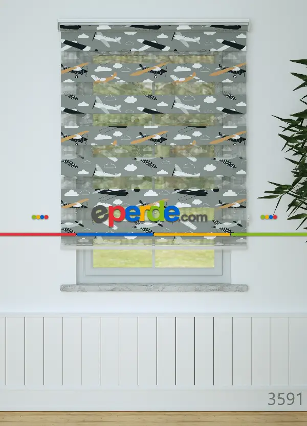 Bebek Odası - Gri Turuncu Uçak Desenli Baskılı Zebra Perde