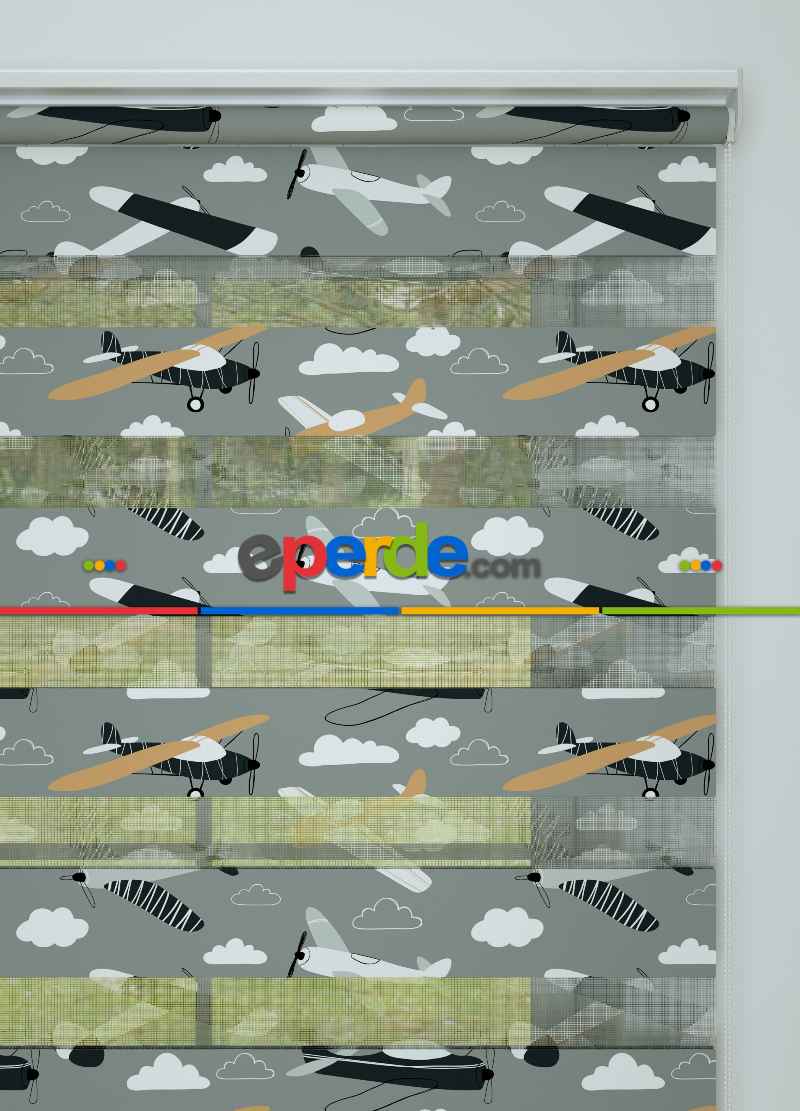 Bebek Odası - Gri Turuncu Uçak Desenli Baskılı Zebra Perde