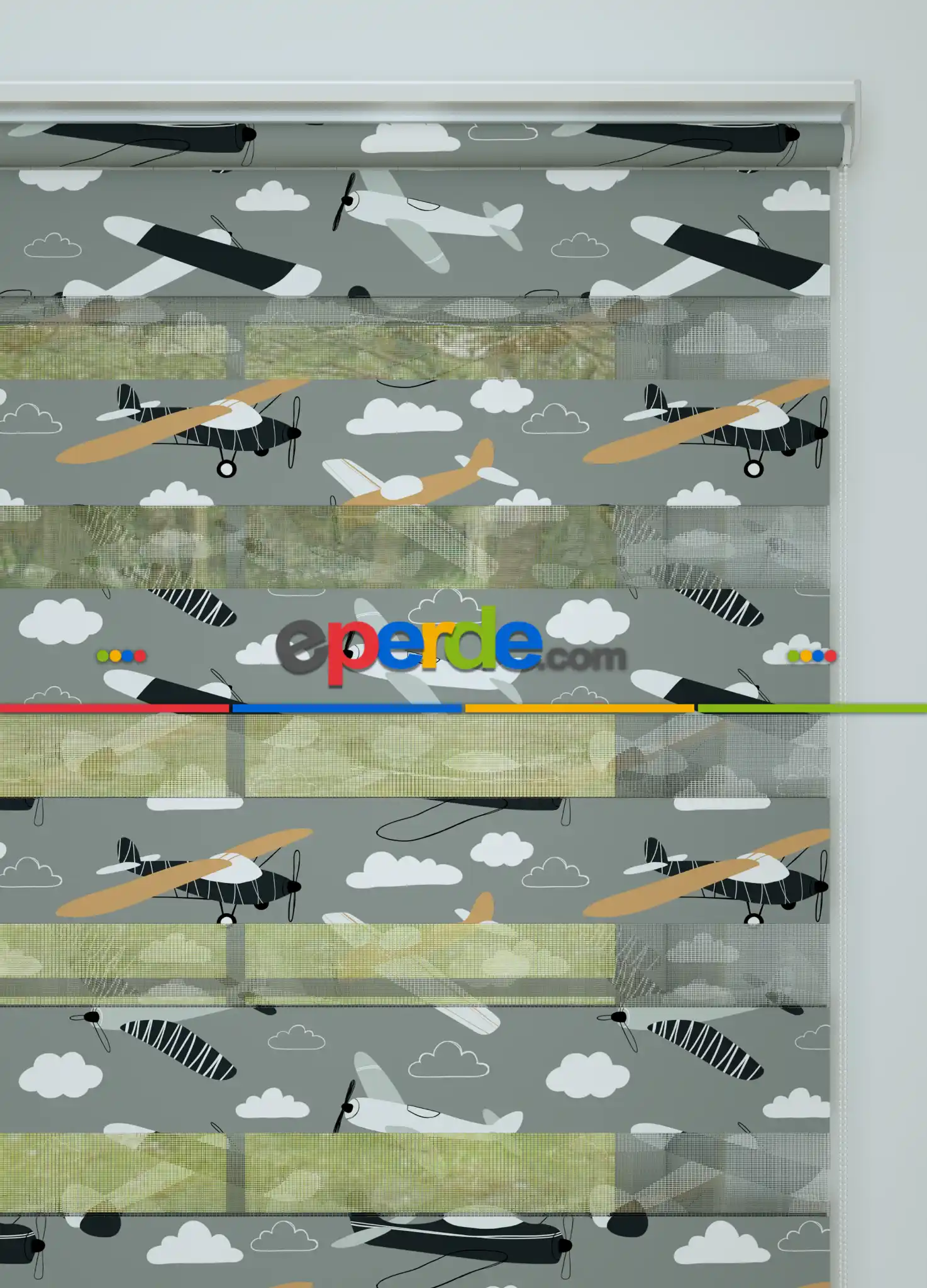 Bebek Odası - Gri Turuncu Uçak Desenli Baskılı Zebra Perde