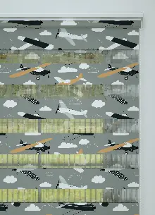 Gri Turuncu Uçak Desenli Baskılı Zebra Perde