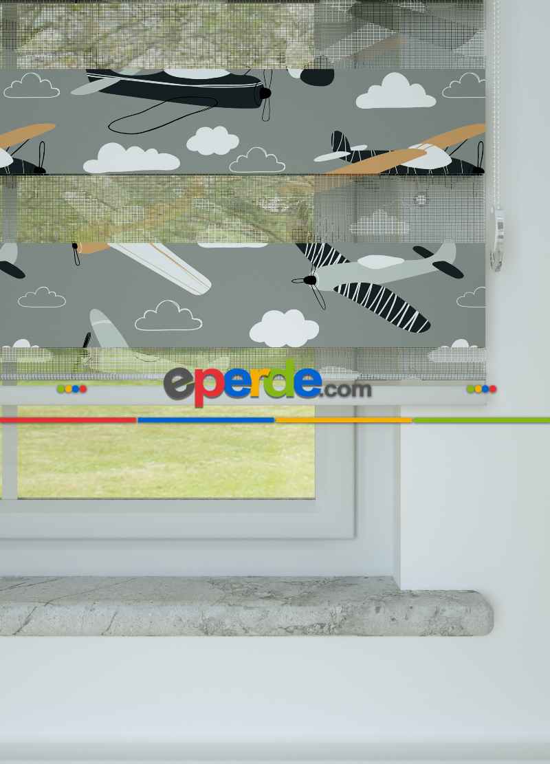 Bebek Odası - Gri Turuncu Uçak Desenli Baskılı Zebra Perde