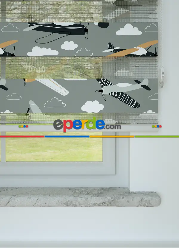 Bebek Odası - Gri Turuncu Uçak Desenli Baskılı Zebra Perde