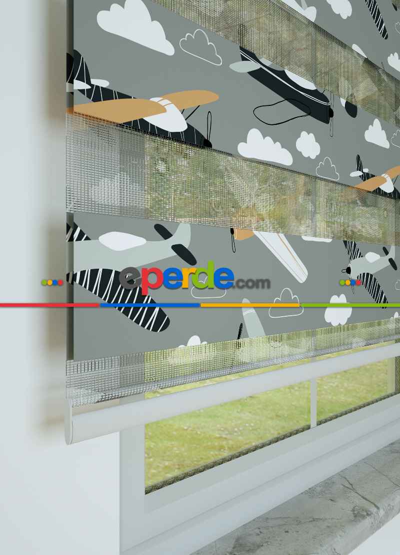 Bebek Odası - Gri Turuncu Uçak Desenli Baskılı Zebra Perde