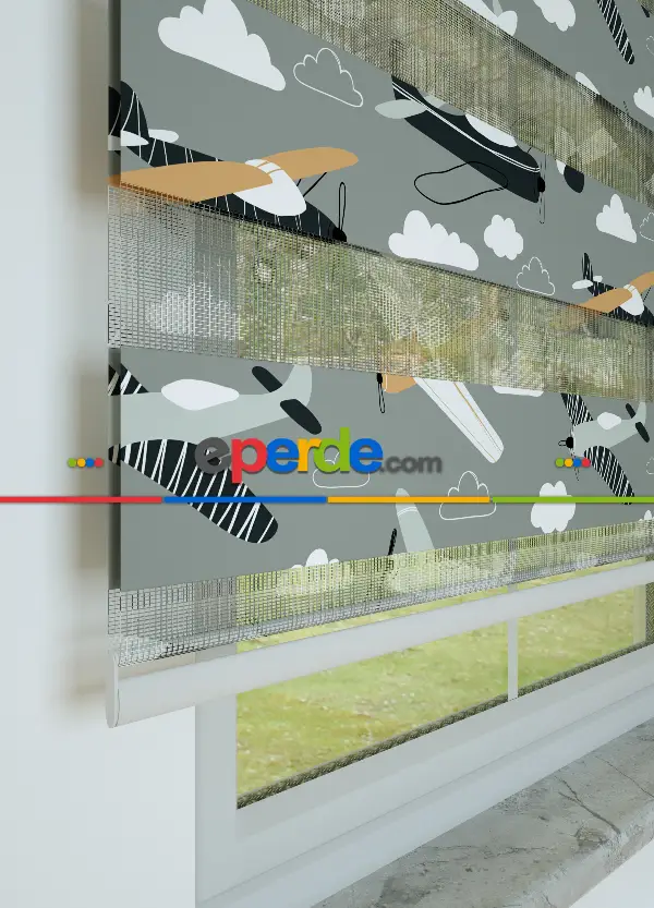 Bebek Odası - Gri Turuncu Uçak Desenli Baskılı Zebra Perde