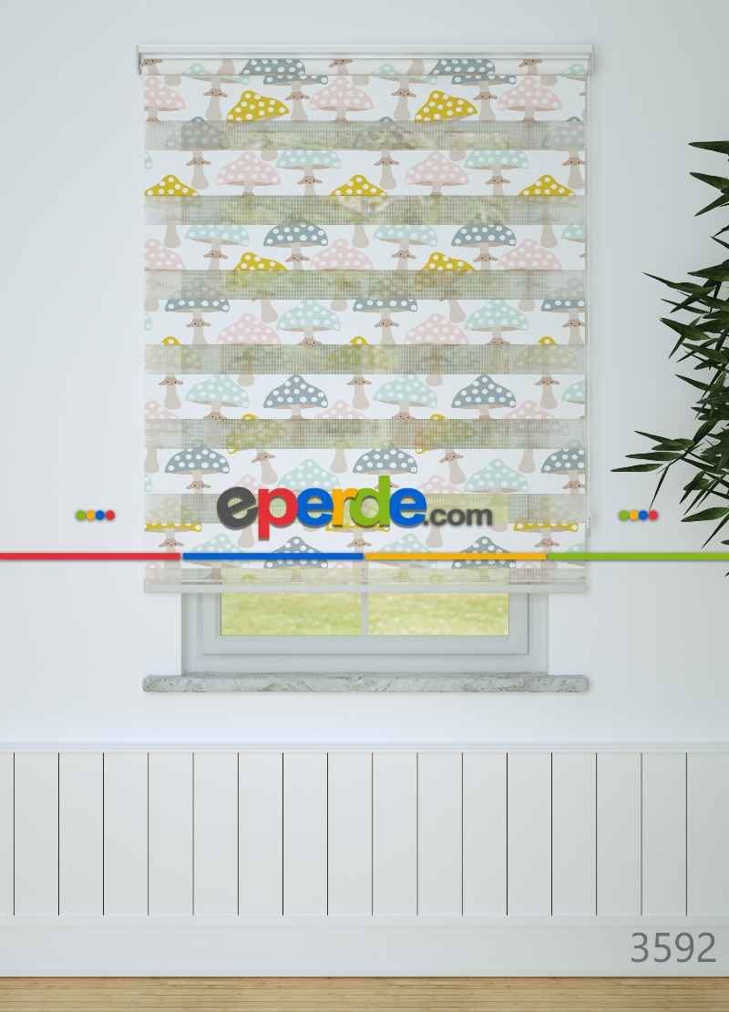 Çocuk Odası - Pembe Sarı Mantar Desenli Baskılı Zebra Perde