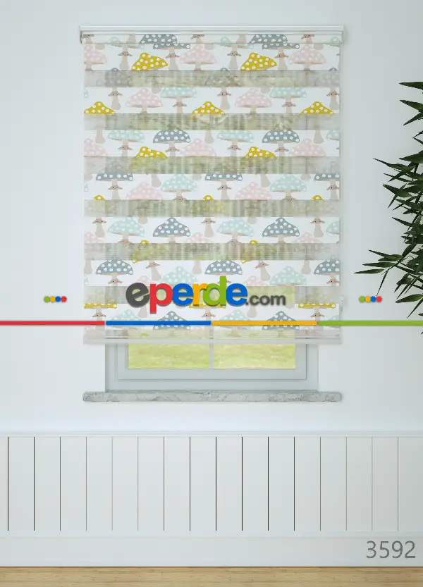 Pembe Sarı Mantar Desenli Baskılı Zebra Perde