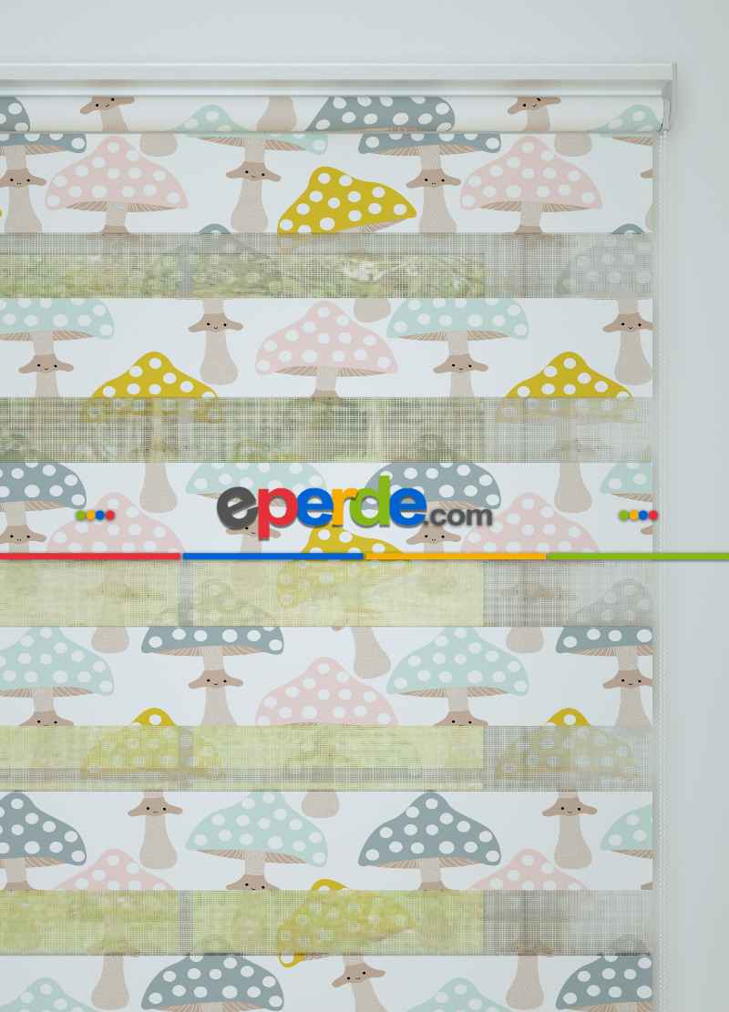 Çocuk Odası - Pembe Sarı Mantar Desenli Baskılı Zebra Perde